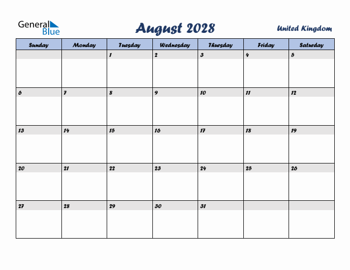 August 2028 Calendar with Holidays in United Kingdom
