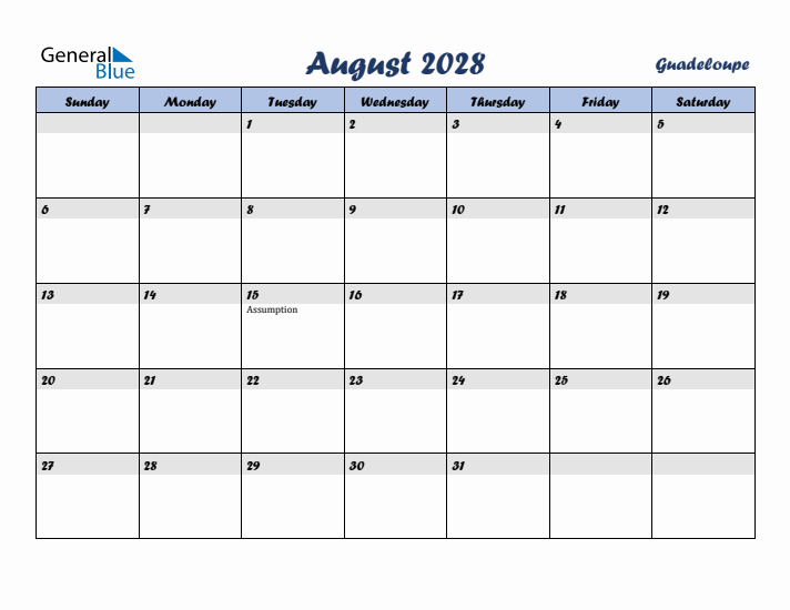 August 2028 Calendar with Holidays in Guadeloupe