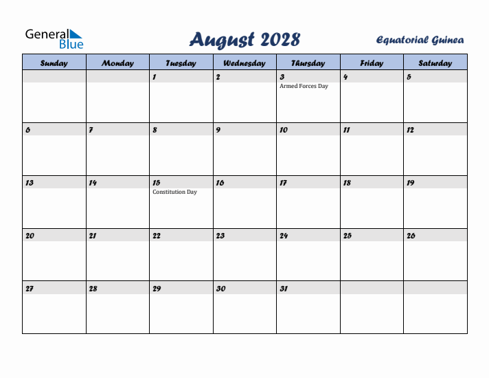 August 2028 Calendar with Holidays in Equatorial Guinea