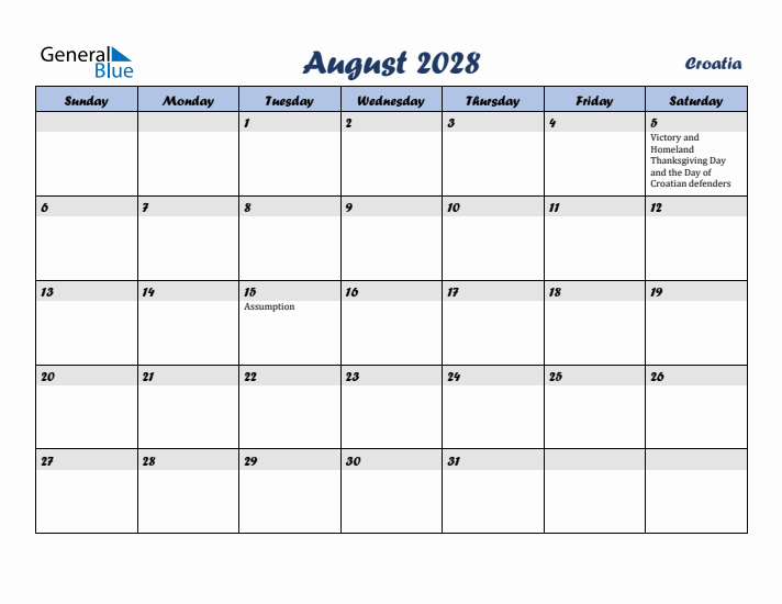August 2028 Calendar with Holidays in Croatia