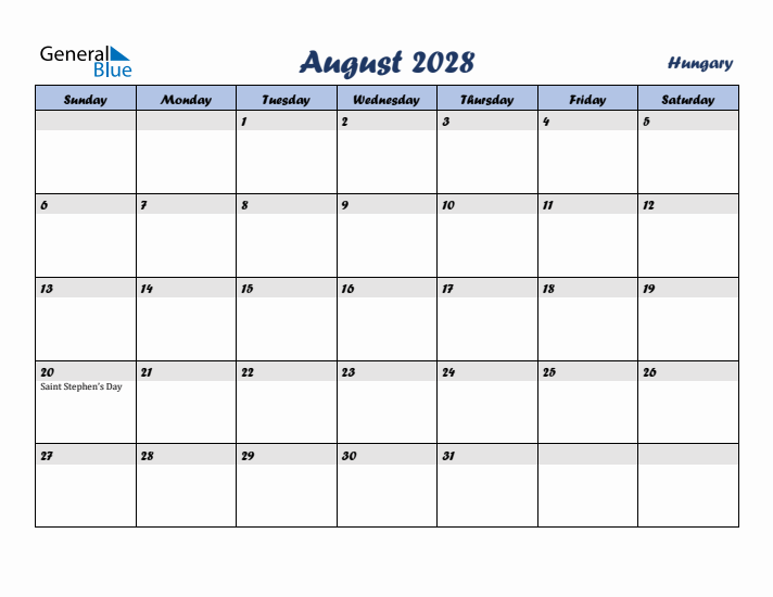 August 2028 Calendar with Holidays in Hungary