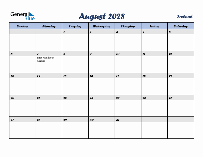 August 2028 Calendar with Holidays in Ireland