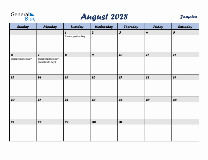 August 2028 Calendar with Holidays in Jamaica