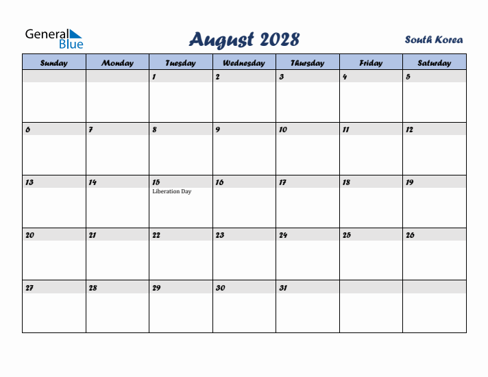 August 2028 Calendar with Holidays in South Korea