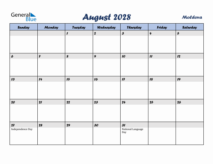 August 2028 Calendar with Holidays in Moldova
