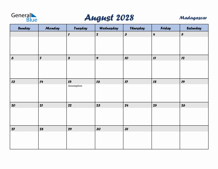 August 2028 Calendar with Holidays in Madagascar