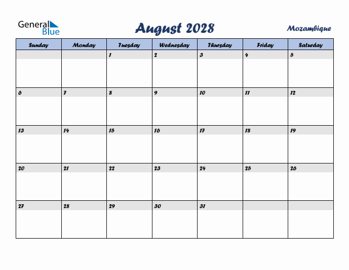 August 2028 Calendar with Holidays in Mozambique