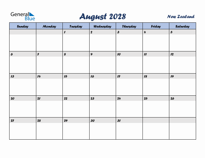 August 2028 Calendar with Holidays in New Zealand