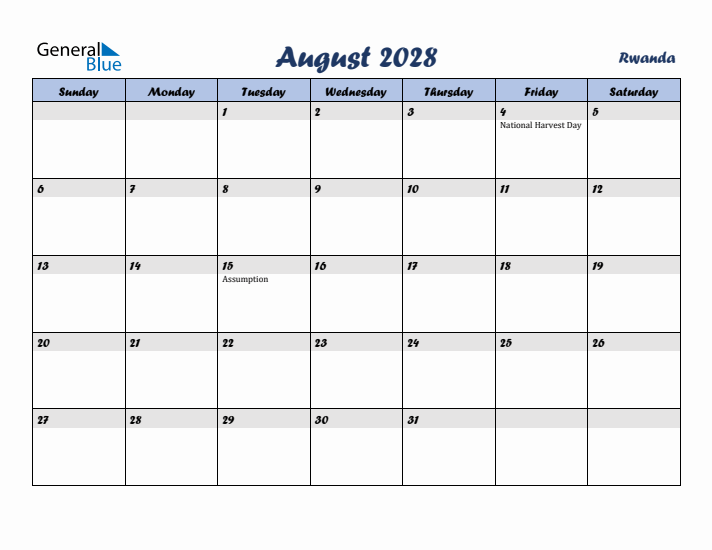 August 2028 Calendar with Holidays in Rwanda