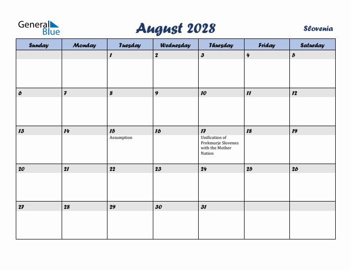 August 2028 Calendar with Holidays in Slovenia