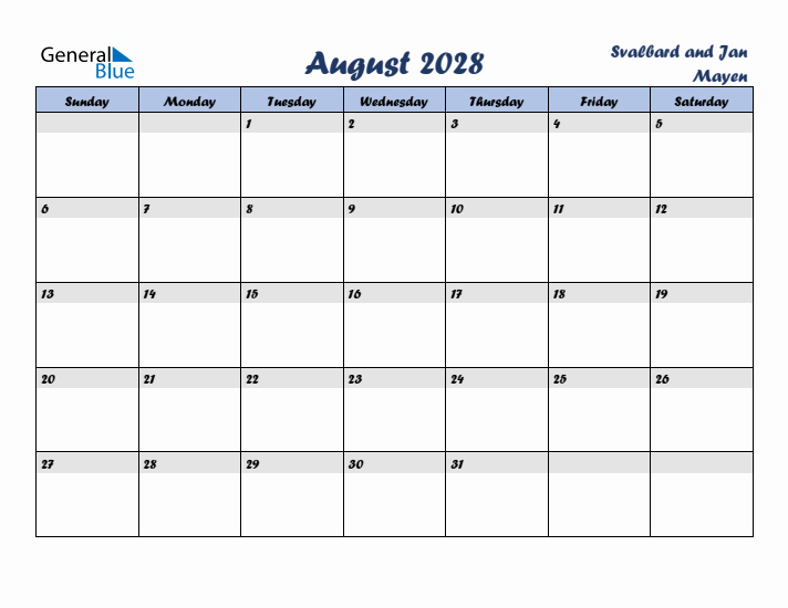 August 2028 Calendar with Holidays in Svalbard and Jan Mayen