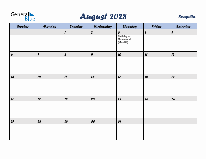 August 2028 Calendar with Holidays in Somalia