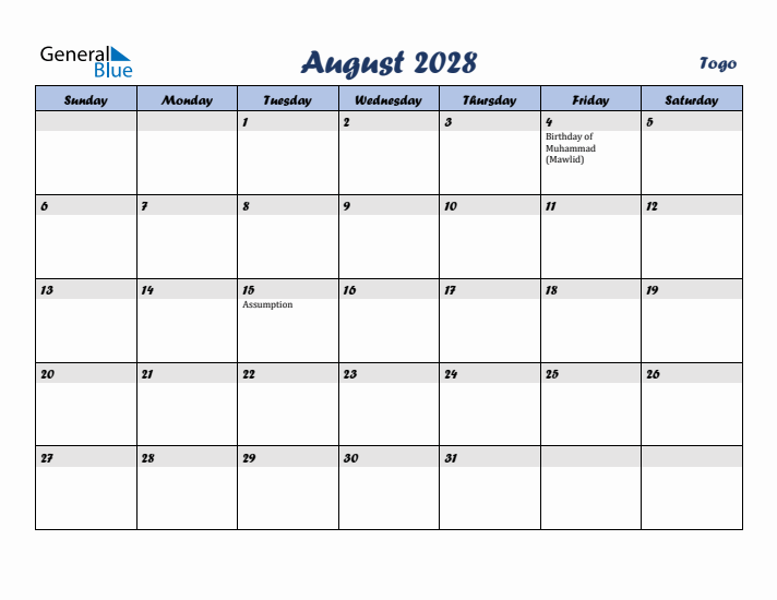 August 2028 Calendar with Holidays in Togo