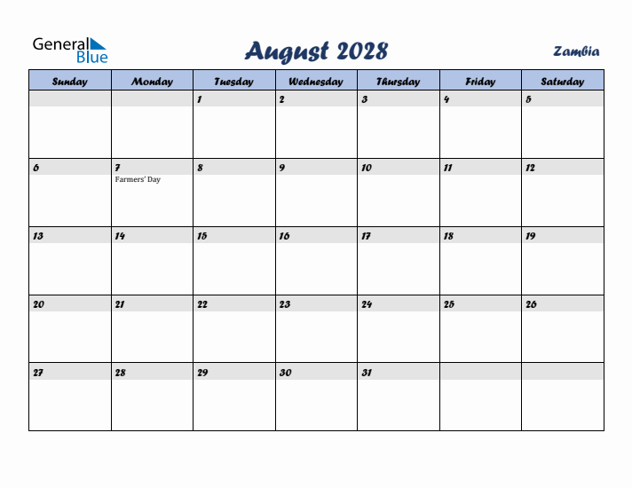 August 2028 Calendar with Holidays in Zambia
