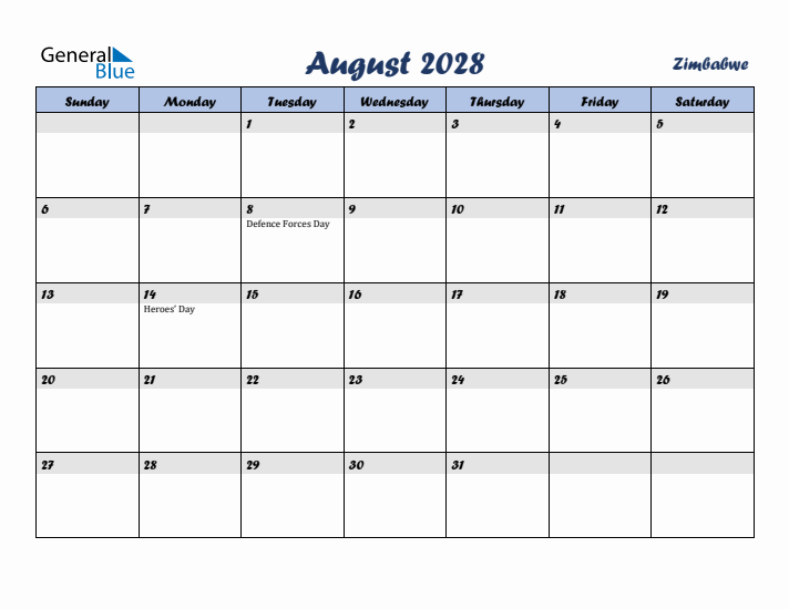 August 2028 Calendar with Holidays in Zimbabwe