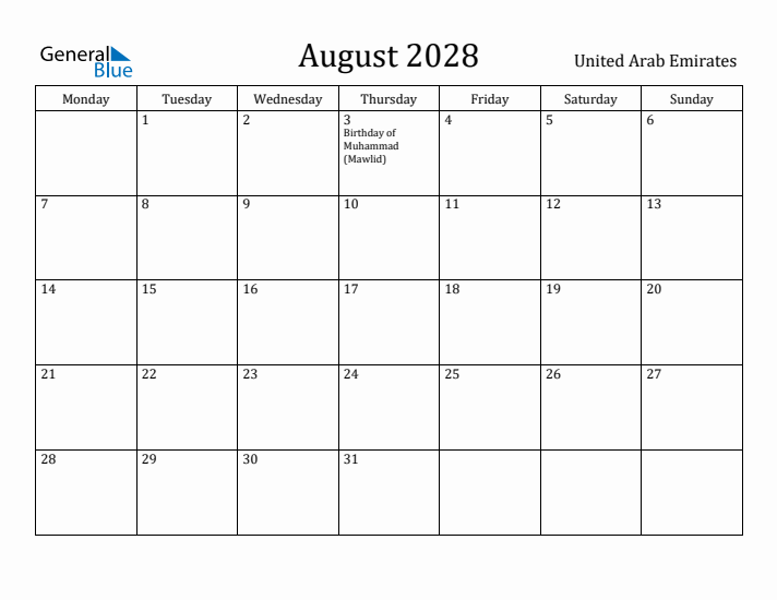 August 2028 Calendar United Arab Emirates