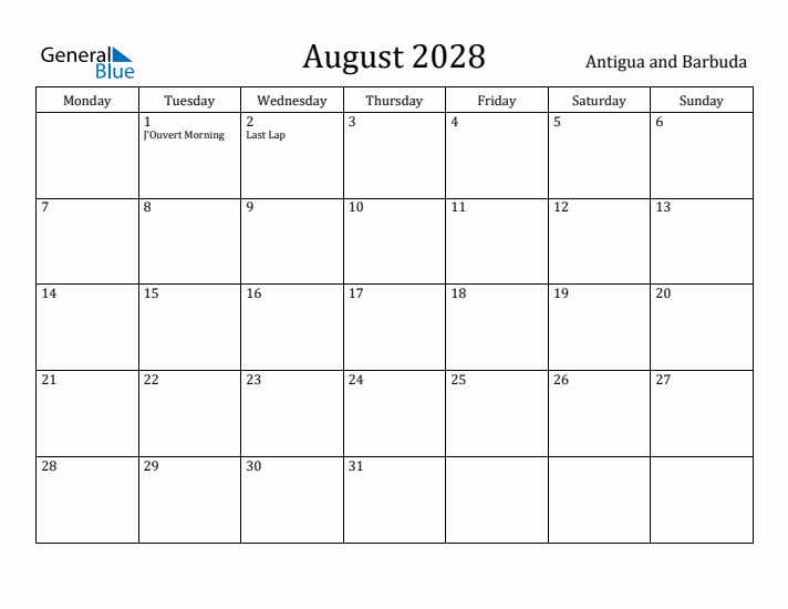 August 2028 Calendar Antigua and Barbuda
