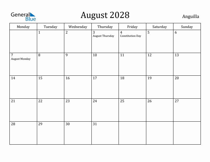 August 2028 Calendar Anguilla
