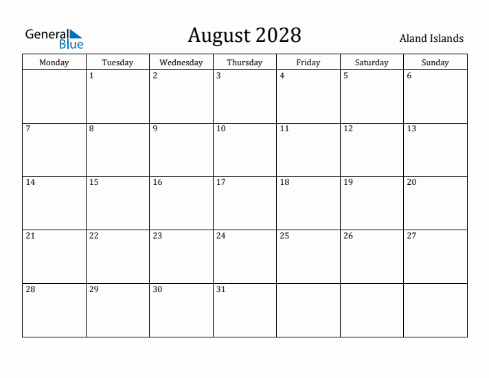 August 2028 Calendar Aland Islands