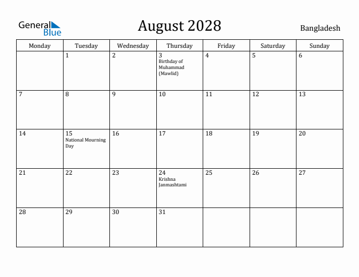 August 2028 Calendar Bangladesh