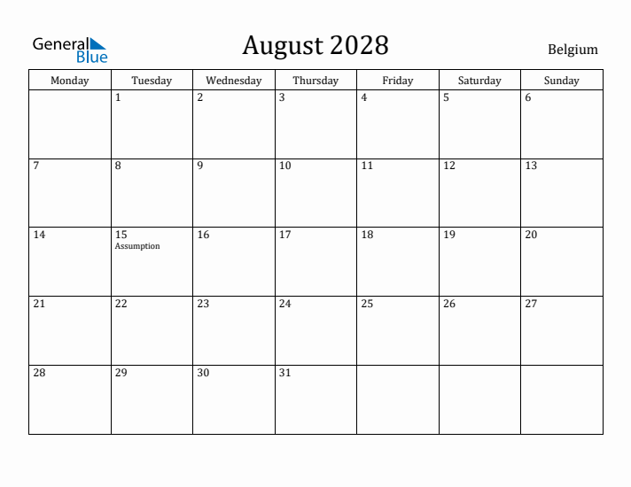 August 2028 Calendar Belgium