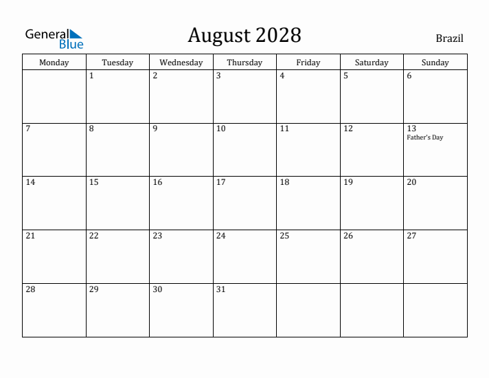 August 2028 Calendar Brazil