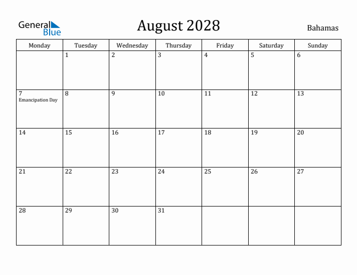August 2028 Calendar Bahamas