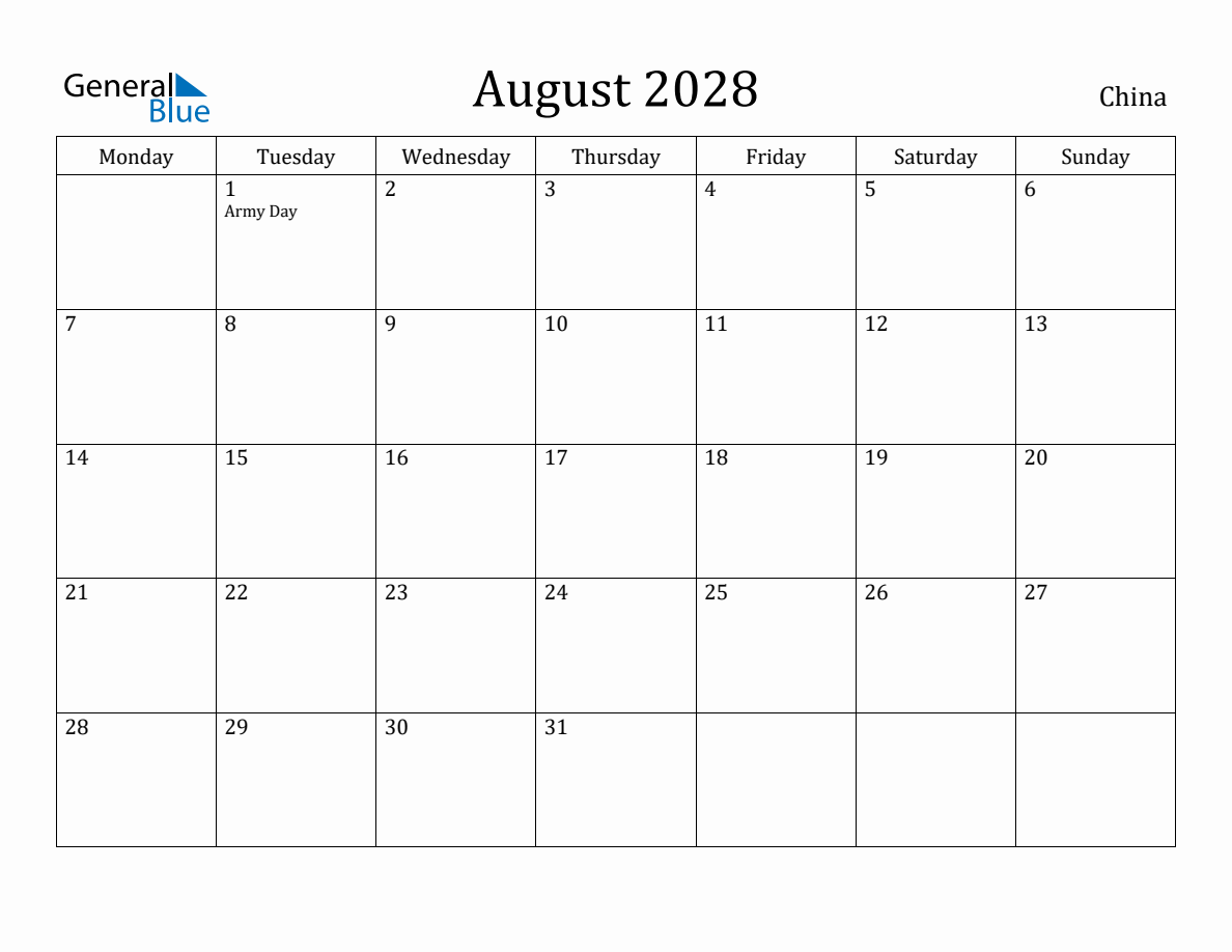 August 2028 - China Monthly Calendar with Holidays