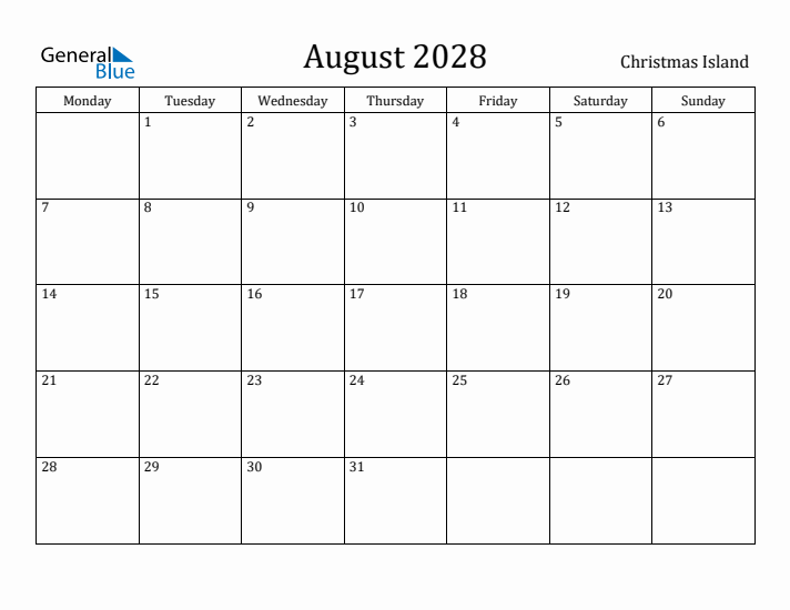 August 2028 Calendar Christmas Island