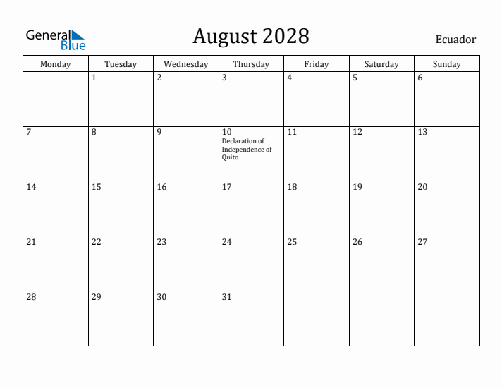 August 2028 Calendar Ecuador