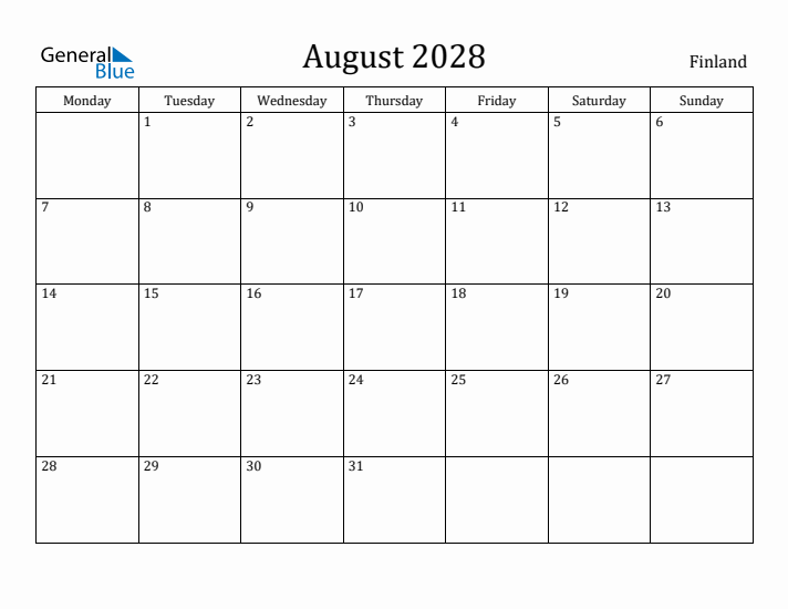 August 2028 Calendar Finland