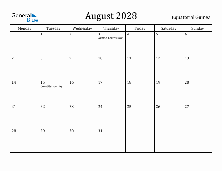 August 2028 Calendar Equatorial Guinea
