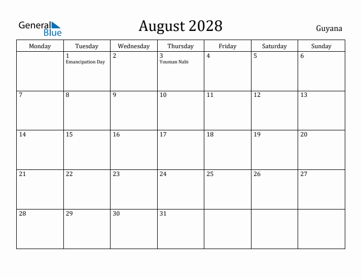 August 2028 Calendar Guyana