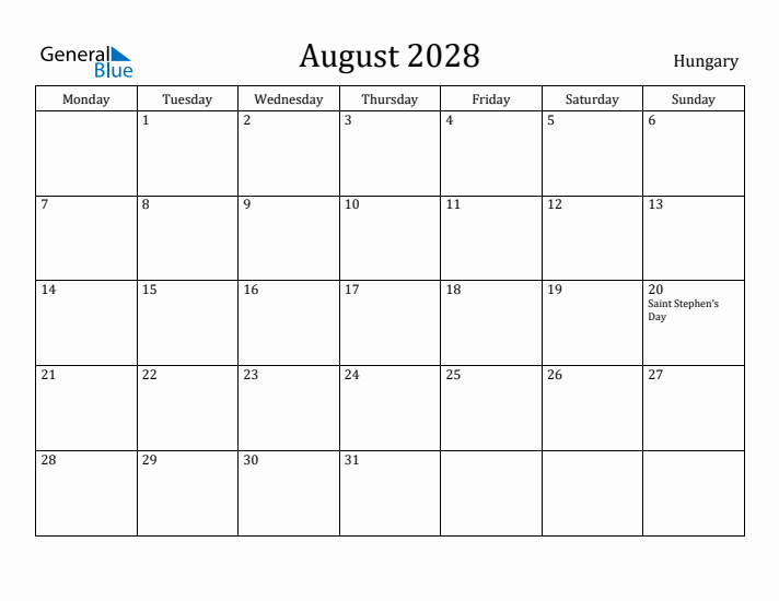 August 2028 Calendar Hungary