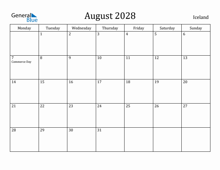 August 2028 Calendar Iceland