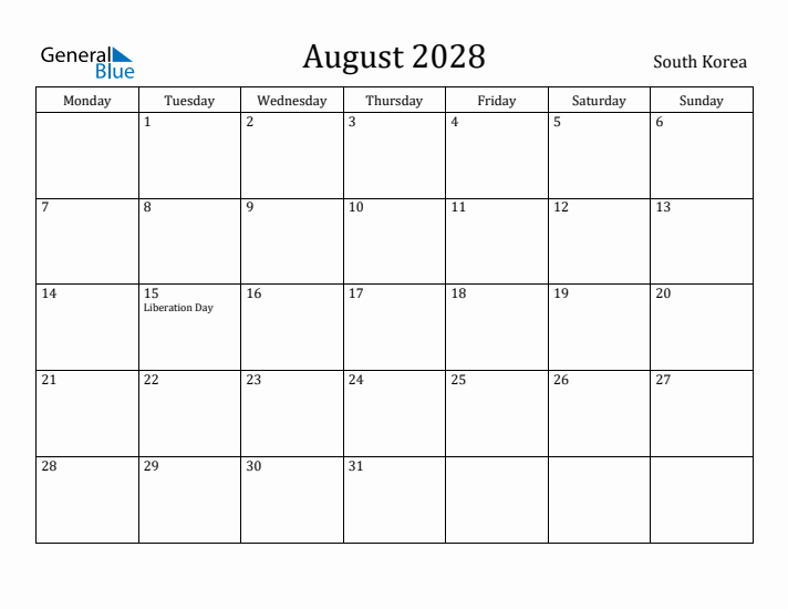 August 2028 Calendar South Korea