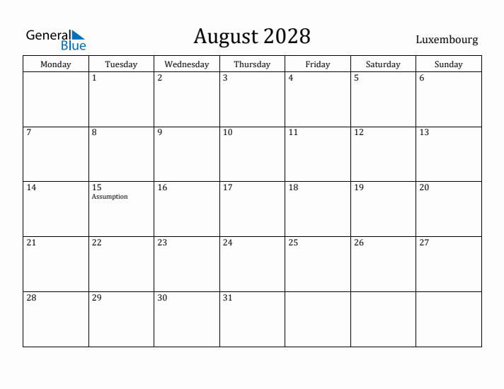 August 2028 Calendar Luxembourg