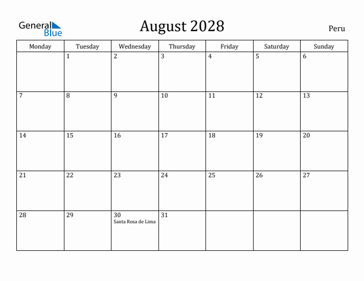 August 2028 Calendar Peru