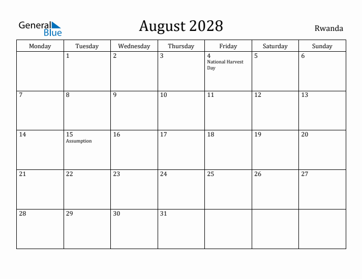 August 2028 Calendar Rwanda