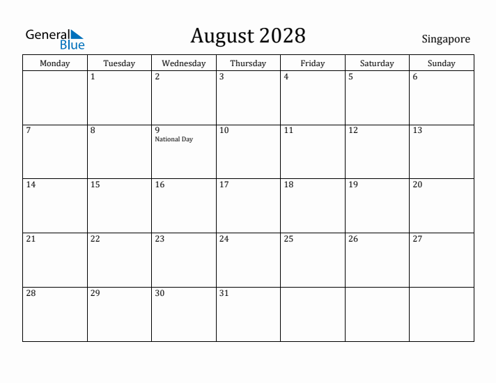 August 2028 Calendar Singapore