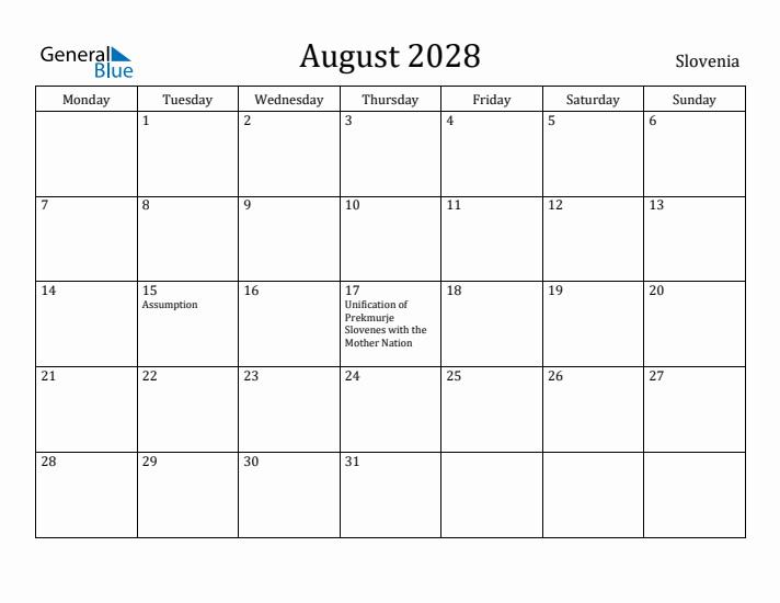 August 2028 Calendar Slovenia