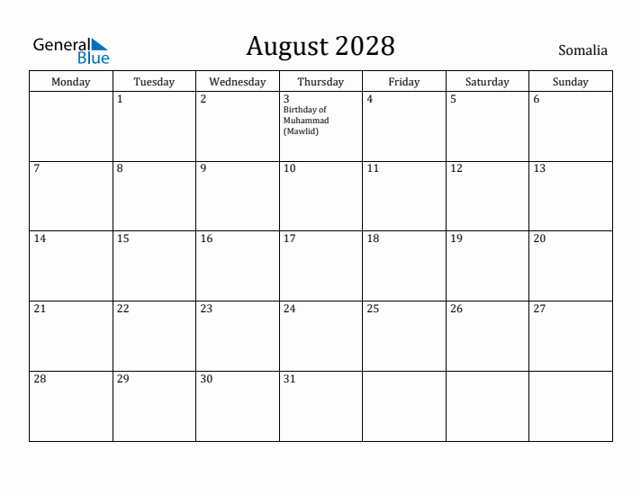 August 2028 Calendar Somalia