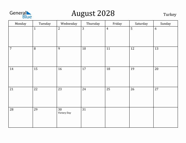 August 2028 Calendar Turkey