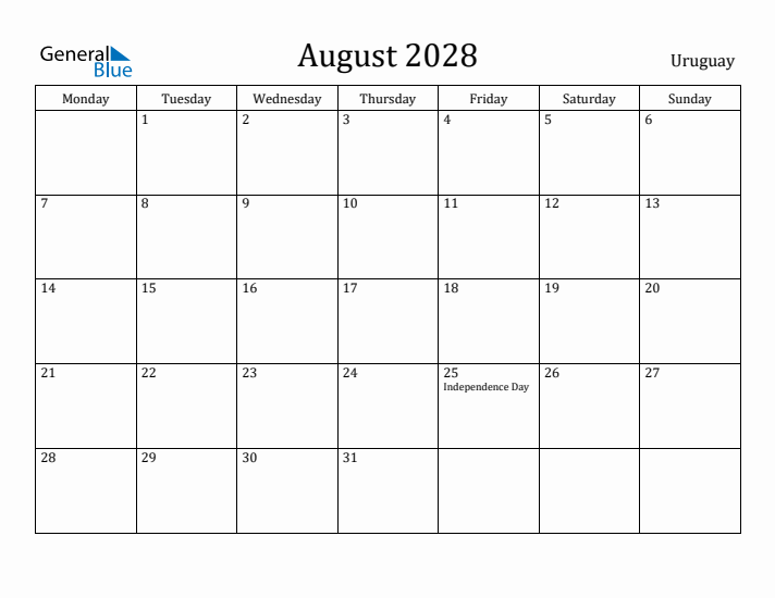 August 2028 Calendar Uruguay