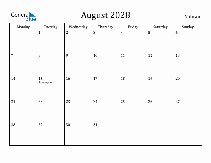 August 2028 Calendar Vatican