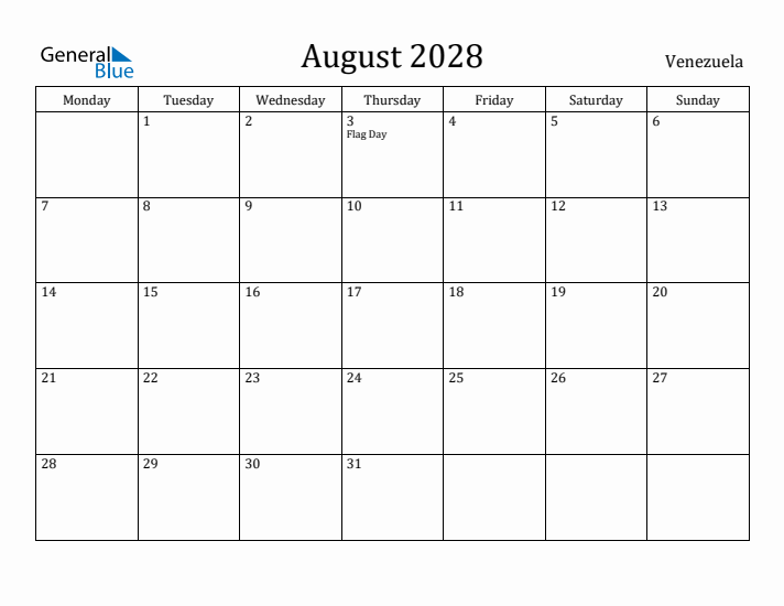 August 2028 Calendar Venezuela
