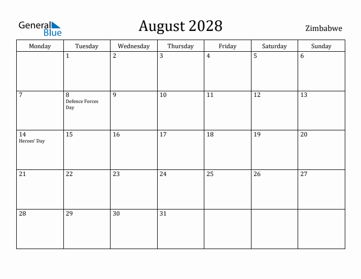 August 2028 Calendar Zimbabwe