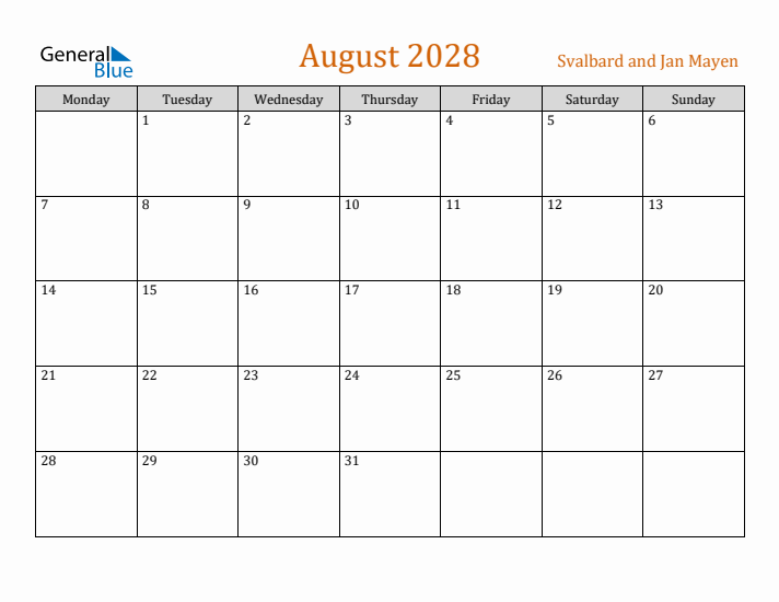 August 2028 Holiday Calendar with Monday Start