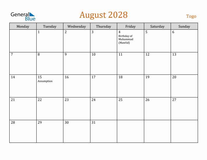 August 2028 Holiday Calendar with Monday Start