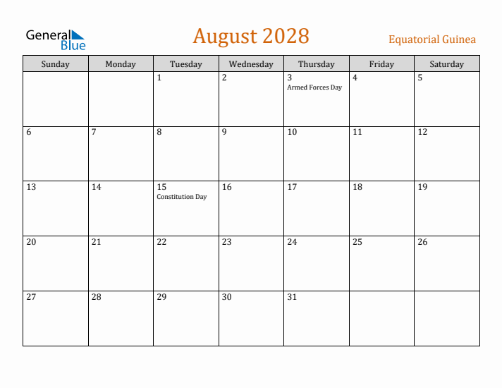 August 2028 Holiday Calendar with Sunday Start
